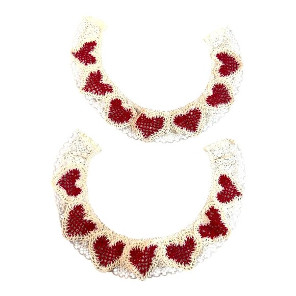 Vintage Handmade Crochet Lace Collar Red Heart Accents Valentines Cottage Core - Picture 1 of 4
